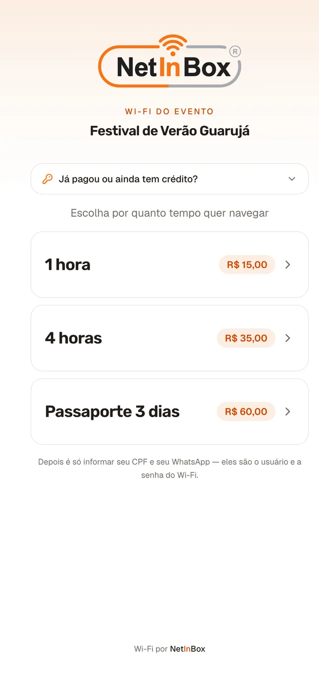 Tela do Wi-Fi do evento com três planos: 1 hora por R$ 15,00, 4 horas por R$ 35,00 e passaporte de 3 dias por R$ 60,00.