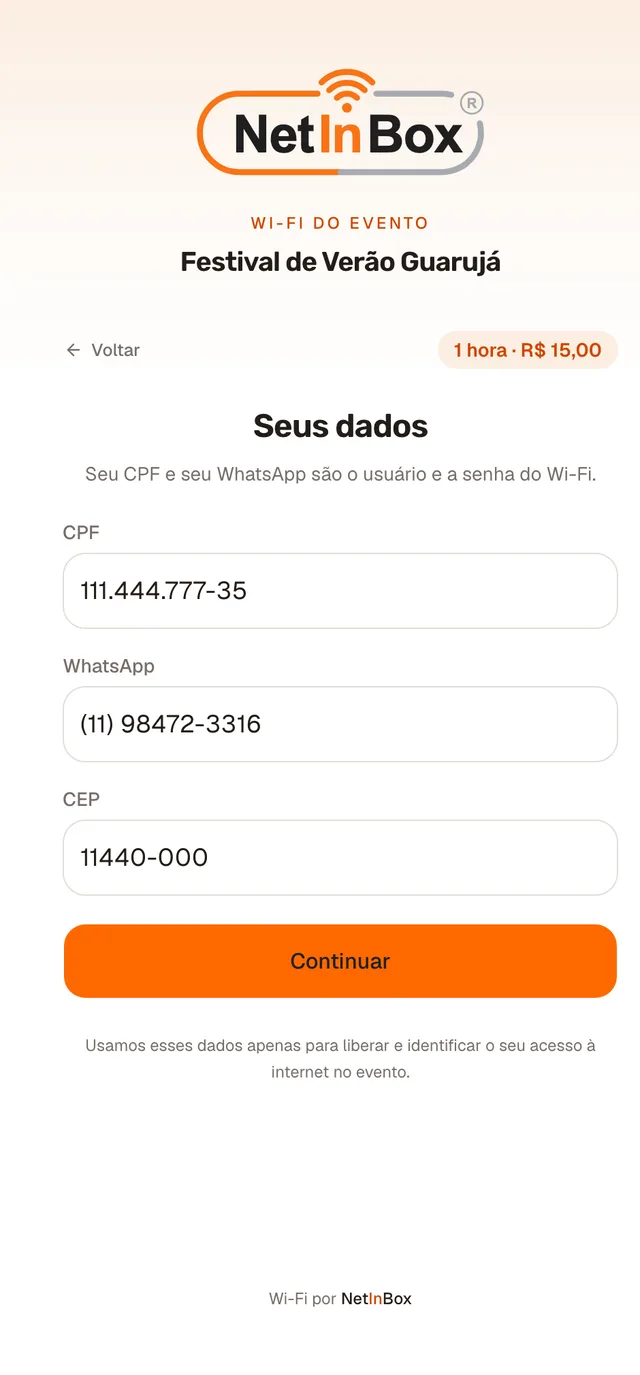 Formulário pedindo CPF, WhatsApp e CEP, com o botão Continuar.