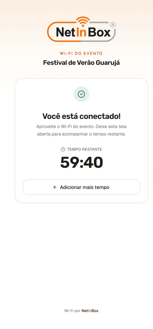Tela de confirmação: Você está conectado, com o tempo restante de 59:45 correndo.