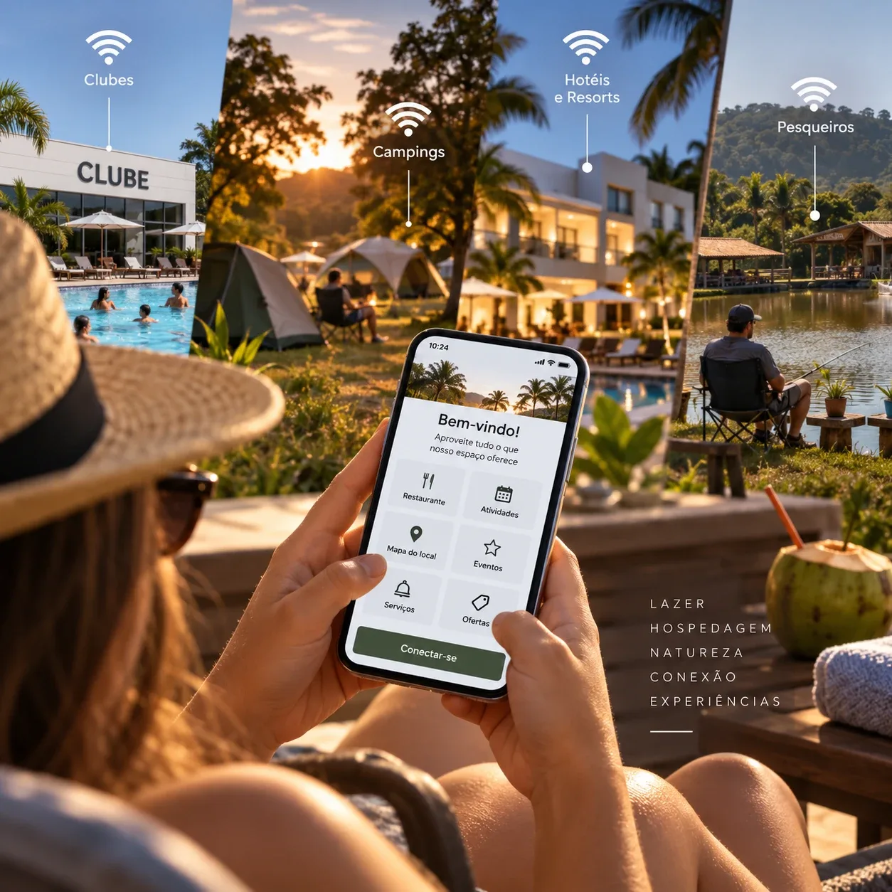 Imagem em estilo fotográfico mostrando diferentes ambientes de lazer — clubes, campings, hotéis, resorts e pesqueiros — todos conectados por Wi-Fi. Em primeiro plano, uma visitante utiliza o celular enquanto acessa uma interface de boas-vindas com informações sobre restaurante, atividades, mapa, eventos, serviços e ofertas. A composição representa visualmente a ideia central da matéria: a internet
