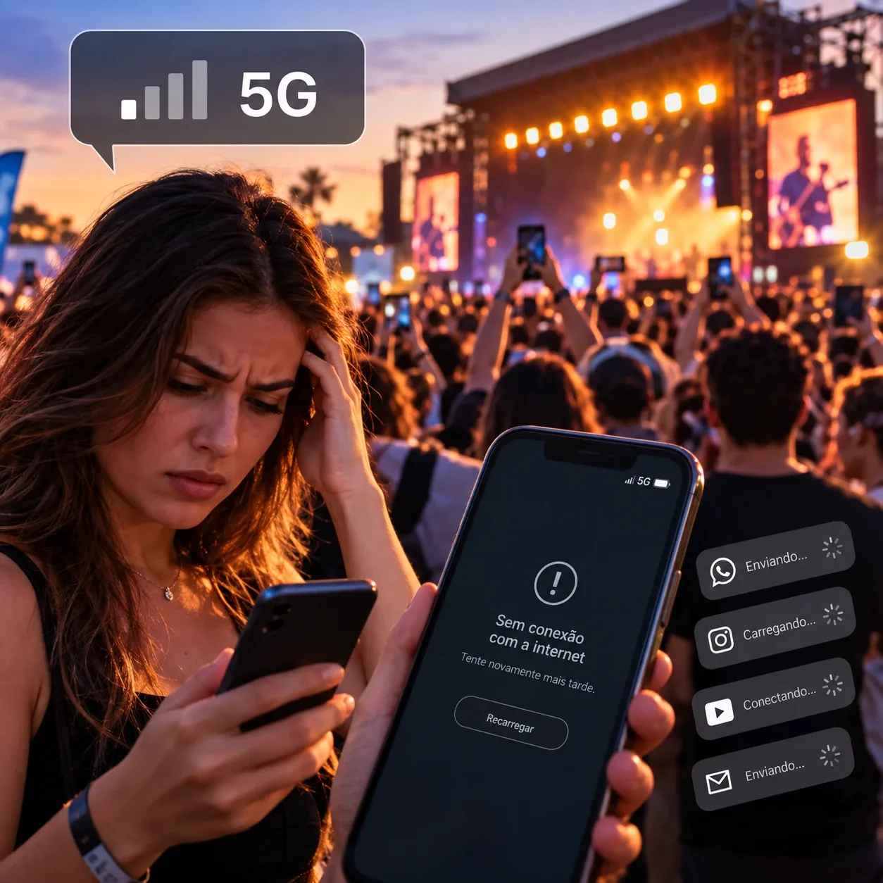 Uma cena de grande evento ao ar livre, com público lotado e milhares de celulares levantados. Em primeiro plano, uma participante olha frustrada para o celular enquanto, apesar do indicador 5G aparecer na tela, a conexão não funciona. Ao lado, outro celular evidencia mensagens como “Enviando...” e “Carregando...”. A imagem representa visualmente o contraste central da matéria: ter sinal 4G/5G não