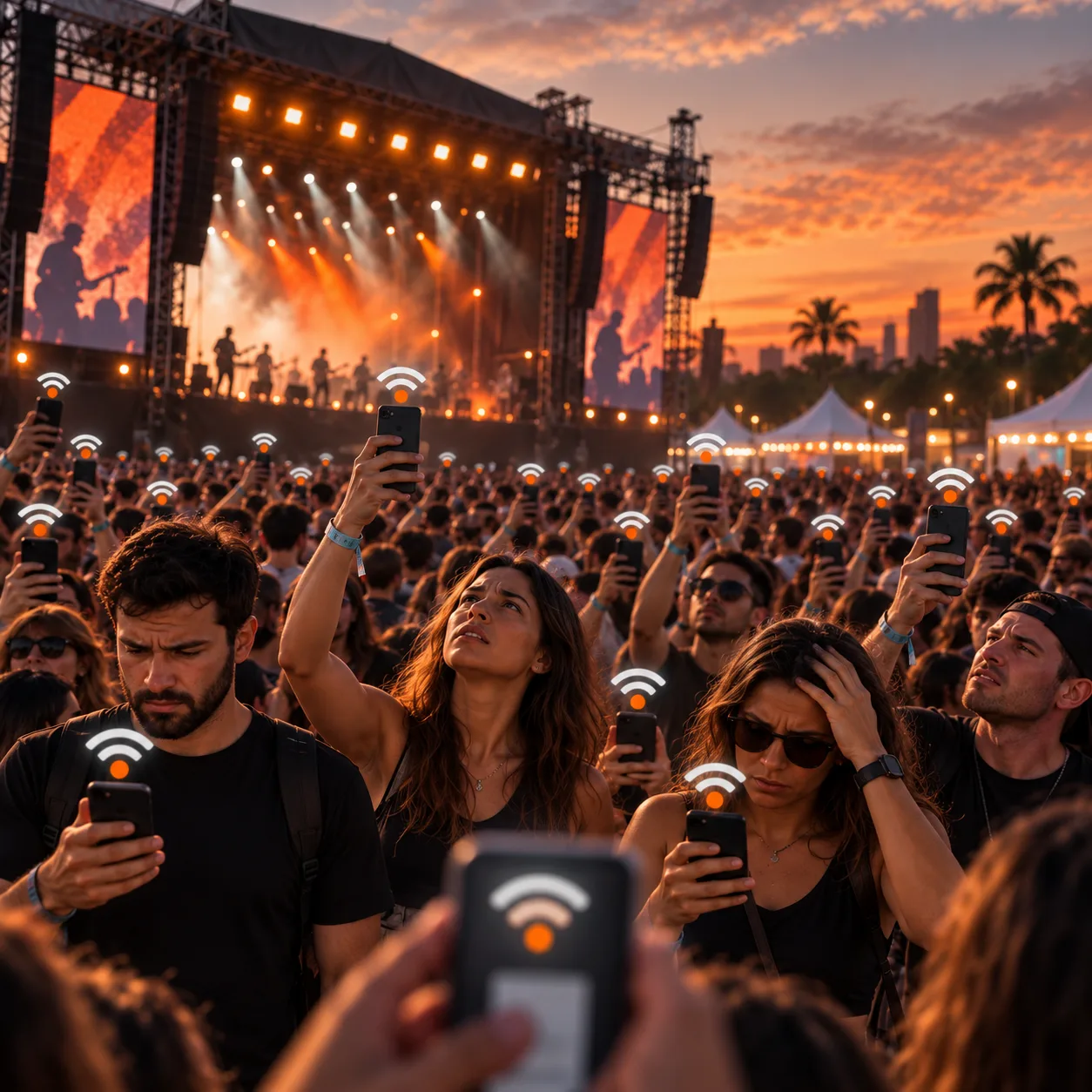 Em meio a um grande evento ao ar livre, uma multidão lotada segura seus celulares em busca de conexão. Pessoas de diferentes perfis olham para as telas com expressões de dúvida, frustração e expectativa, enquanto tentam conseguir sinal para navegar, enviar mensagens, publicar fotos ou simplesmente acessar a internet. Sobre os celulares aparecem ícones de Wi-Fi.